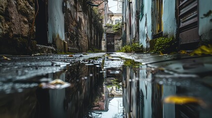 A narrow alleyway after a rainstorm, with puddles reflecting the gray sky above, a path walked alone.