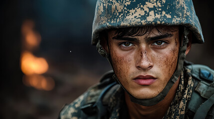 Obraz premium Determined Soldier in Camouflage Helmet Amidst Battlefield Flames - Portrait of a Young Soldier in Combat Zone Depicting Focus, Courage, and Intensity