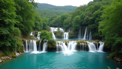 Obraz premium Enchanting Waterfall in a Forested Paradise