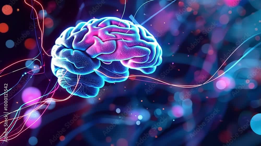 Poster digital brain is connecting with colorful lines representing neural networks and brain activity, sym