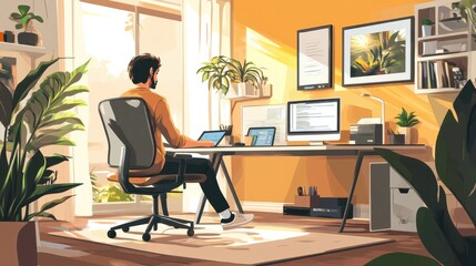 Fototapeta premium Remote work, virtual office, telework, work from home, online meeting, zoom, team, chat, digital nomad, remote office setup, collaboration, flexible work arrangement, flexible work, video conferencin