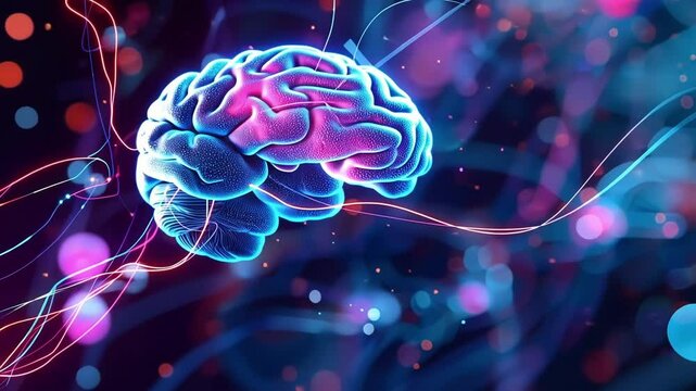 Digital brain is connecting with colorful lines representing neural networks and brain activity, symbolizing artificial intelligence, machine learning, and neural enhancement