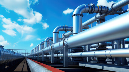 A long row of industrial pipes is meticulously lined up against a vibrant blue sky, creating a striking visual contrast