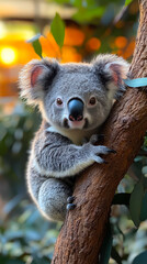 Obraz premium Adorable Koala Bear Climbing Tree in Natural Habitat, Looking at Camera with Curious Expression, Wildlife Photography, Cute Animal Portrait, Nature and Conservation