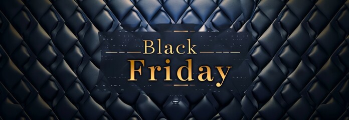 Black Friday promotional banner with bold text on a dark, luxurious quilted leather background. Concept of holiday shopping, retail sale, commercial discount deals