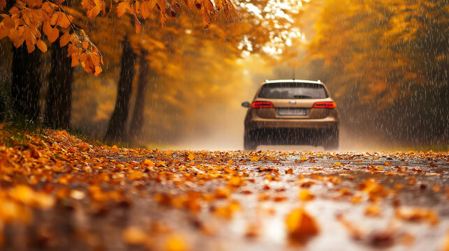 Car drive through road full of autumn leaves during the rain. Automobile on a picturesque fall street. Scenic transportation travel trip or journey. Generative AI.