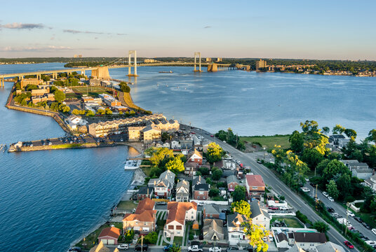 Aerial view of the Bronx at Sunset with the Throgs Neck bridge East River