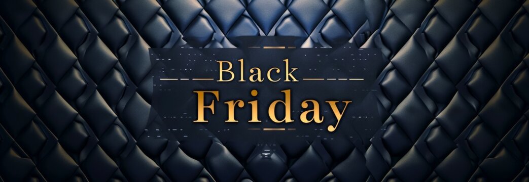 Black Friday promotional banner with bold text on a dark, luxurious quilted leather background. Concept of holiday shopping, retail sale, commercial discount deals