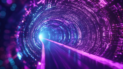 Obraz premium Futuristic tunnel with glowing purple lights, representing high-speed data transfer and advanced technology.