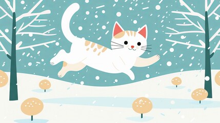 Fototapeta premium Cartoon flat illustration of a white cat leaping through a snowy winter landscape. Concept of winter wonderland, playful animals, festive season