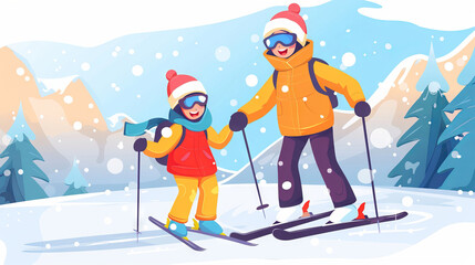 Happy Child and Parent Skiing Together on a Snowy Mountain. Concept of Family Bonding, Winter Sports, Outdoor Fun