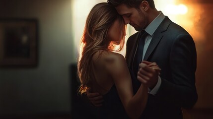 Sexy woman slow dancing with business man wearing a dark grey suit hugging passionately , the lovely couple doing a graceful dance
