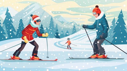 Two women skiing with a child in a snowy winter wonderland. Concept of family outdoor activities, winter sports, and enjoying the snowy mountain landscape