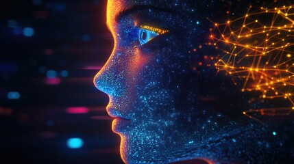 Side view of a humanoid head with blue and yellow eyes and vibrant neon neural network, representing futuristic technology and artificial intelligence. Generative AI