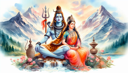 portrait of colorful watercolor Indian Hindu religious god Shiva or shiv with goddess Parvati meditating on Mount Kailash in the Himalayas ,for religious, Hindu festival Maha Shivratri concept