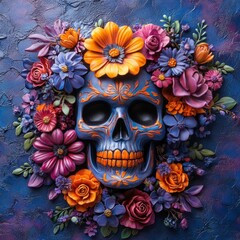 Painted skull for Day of the Dead on a purple floral background