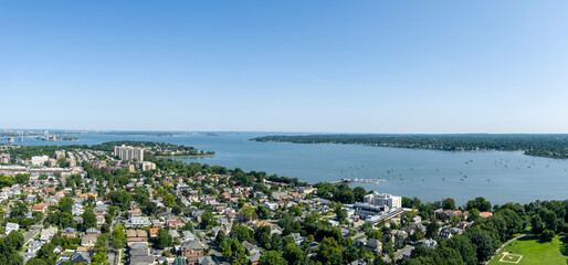 Aerial view of Bayside Queens and Little Neck Bay on a sunny day.