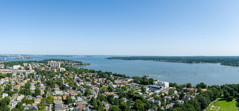 Aerial view of Bayside Queens and Little Neck Bay on a sunny day.