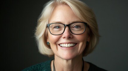 Fototapeta premium A blonde older woman with glasses, smiling widely with a natural laugh and gleaming teeth, in a headshot portrait with a soft background
