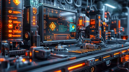 Obraz premium High-tech photo-style image showcasing augmented reality and blockchain technologies integrated with 3D printing and AI systems in a futuristic environment. high resolution Illustration, in the style