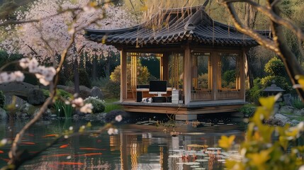 Obraz premium A photographer editing photos on a computer in a serene garden pavilion, with a koi pond and cherry blossoms framing the peaceful setting.