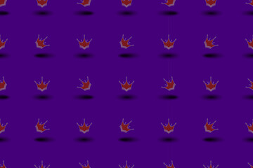 Vintage seamless pattern with red crowns with neon outline.crowns in vintage style, evenly distributed on a dark purple background, which gives the design a sense of grandeur and illumination.