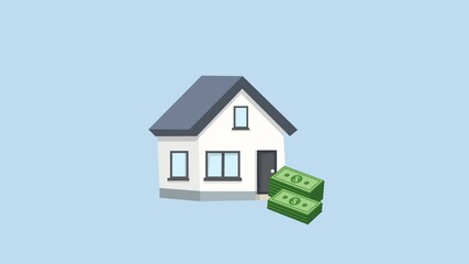 House symbol appearing with a cash stack in the right corner. Buying or selling a house animation. Blue background and pink screen background.