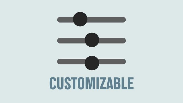 Customizable settings symbol on the screen. Settings buttons or settings sliders moving. &bdquo;Customizable&ldquo; written underneath it. Light green and green screen background.