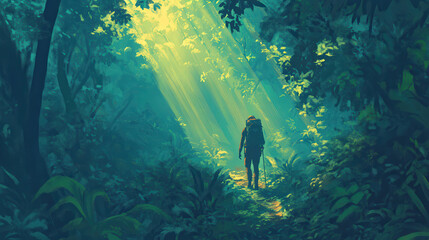 Obraz premium Serene Scene of Backpacker Hiking in Lush Forest