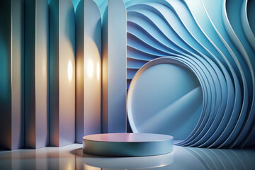 Abstract studio setup featuring curved walls and a circular platform illuminated by soft blue and warm light during the day. Generative AI