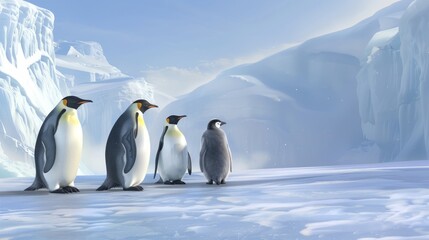 Fototapeta premium Penguins on an Antarctic Ice Shelf with a Backdrop of Majestic Glaciers. Concept of Wildlife, Natural Habitats, and Climate Conditions. Copy space
