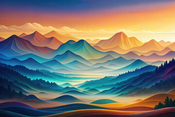 Majestic sunset over colorful mountains with rolling hills and misty valleys in a serene landscape. Generative AI