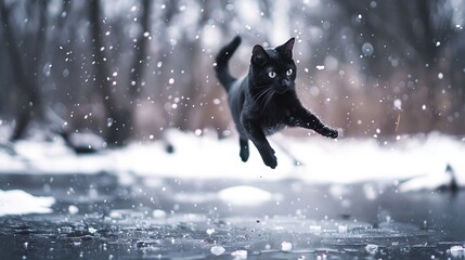 Elegant Black Cat Leaping Over a Frozen Pond on a Snowy Winter Day. Concept of feline grace, winter nature, dynamic motion