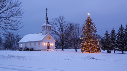 Beautiful Snow-Covered Church with Illuminated Christmas Tree on a Tranquil Winter Evening. Concept of holiday spirit, serene landscapes, and winter wonderland