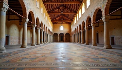Obraz premium Elegant corridor of a historic building with ornate floor and arched columns