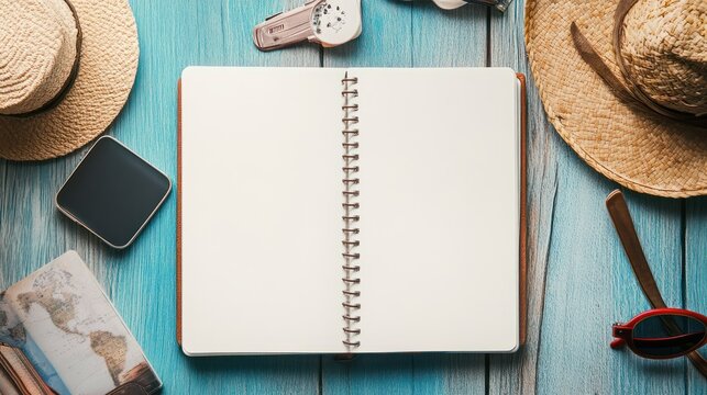top view Open blank notebook with passport and tourist accessories on the table. travel banner.