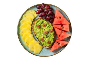 Avocado Toast with Mixed Fruits This vibrant and healthy plate features a slice of avocado toast topped with fresh avocado slices and a strawberry. The plate is accompanied by a variety of fresh fruit