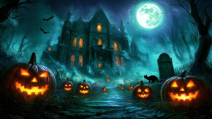 A spooky haunted mansion under a full moon, surrounded by glowing jack-o'-lanterns and a black cat, with bats flying overhead.