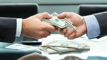 Two hands exchanging cash, symbolizing financial transaction or deal-making in a corporate setting.
