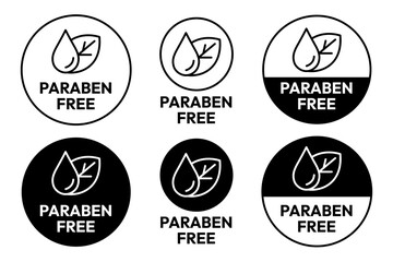 Naklejka premium Paraben Free with a leaf drop label, logo, badge, icon, sticker, symbol, emblem, stamp, green, line, flat vector, isolated illustration. Paraben Free label for product packaging design.
