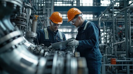 Fototapeta premium Two engineers in hard hats and safety glasses inspecting and operating machinery in an industrial plant.