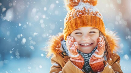 Fototapeta premium Cute Smiling Caucasian Girl Wearing a Winter Hat and Gloves in a Snowy Wonderland. Concept of Childhood Joy, Winter Fun, and Outdoor Play. Copy space