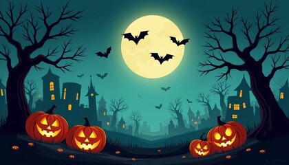 Fototapeta premium Spooky Halloween night with jackolanterns and bats under a full moon