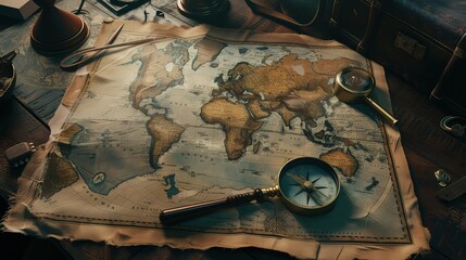A vintage world map spread out on a table, with a compass and magnifying glass on top, representing the age-old desire to explore and understand the globe.