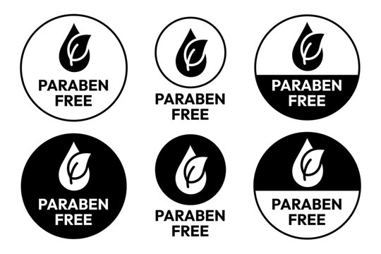 Paraben Free with a leaf drop label, logo, badge, icon, sticker, symbol, emblem, stamp, green, line, flat vector, isolated illustration. Paraben Free label for product packaging design.