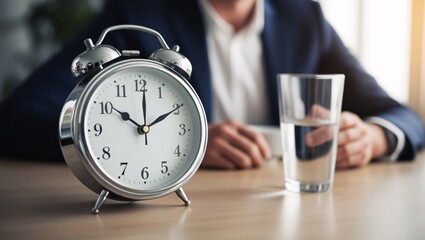 close-up of a table clock showing the time ticking down to the next meal, capturing the struggle and patience involved in managing hunger during intermittent fasting