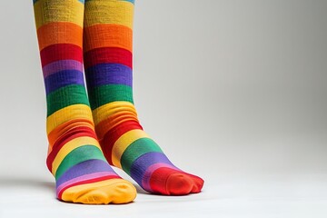 Legs of a young woman in colorful socks on a white background