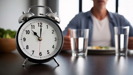 close-up of a table clock showing the time ticking down to the next meal, capturing the struggle and patience involved in managing hunger during intermittent fasting