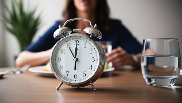 close-up of a table clock showing the time ticking down to the next meal, capturing the struggle and patience involved in managing hunger during intermittent fasting