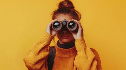 Woman looking through binoculars on yellow background.